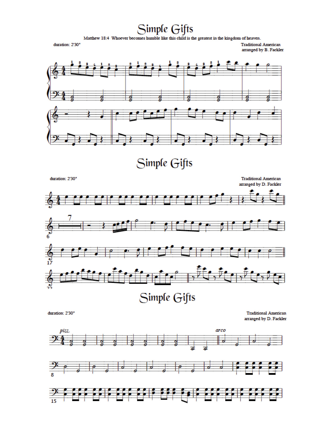 supplemental bass clef part for Simple Gifts, cello